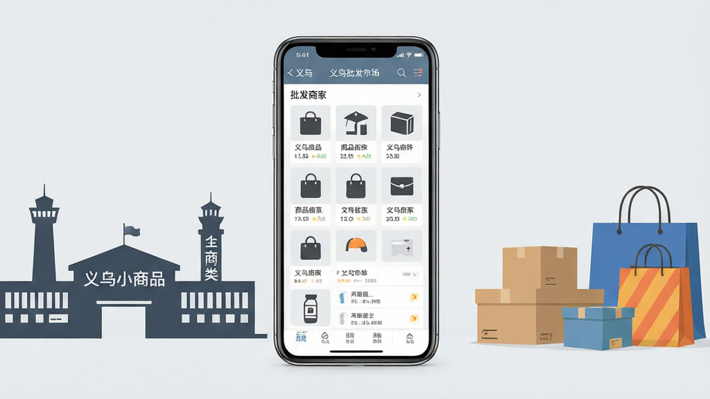 义乌批发商家市场软件首页界面展示,主体是一部智能手机竖屏放置在画面中央,屏幕内显示商品分类网格与批发商家列表布局,背景为浅灰色简约电商风格,画面左侧点缀义乌小商品批发市场建筑剪影,右侧放置几个商品包装盒与购物袋元素,整体排版干净有序,风格现代商务扁平化,细节包括清晰的图标与文字排版,画质高清,画面干净,无多余元素