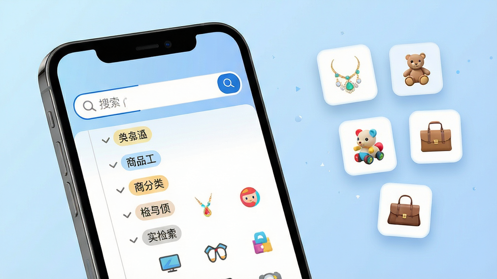 义乌批发商家市场商品分类检索功能展示,主体为手机屏幕特写,屏幕内呈现多层级商品分类列表与搜索框,分类图标整齐排列,背景为淡蓝色渐变,画面右侧悬浮几个商品小图标如饰品、玩具、箱包,排版采用卡片式布局,风格清新简洁,细节包括搜索框高亮与分类标签,画质清晰,画面干净,无多余元素