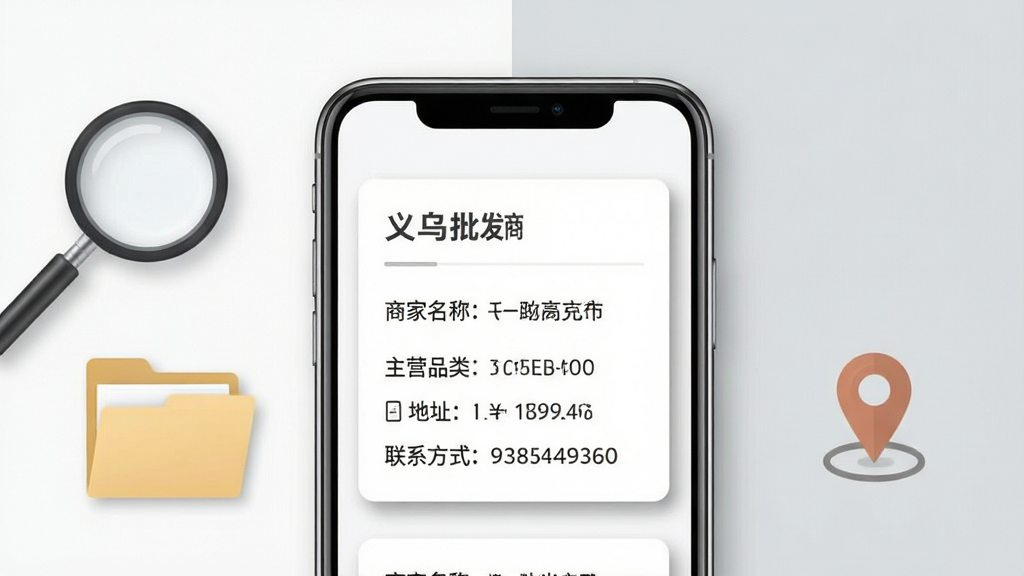 义乌批发商家市场商家信息查看页面展示,主体为手机屏幕内显示商家详情卡片,卡片包含商家名称、主营品类、地址与联系方式字段,背景为浅白色与浅灰色拼接,画面左侧放置一个放大镜与文件夹元素,右侧点缀地图定位图标,排版为上下结构清晰分层,风格素雅商务,细节包括卡片阴影与文字层级,画质高清,画面干净,无多余元素