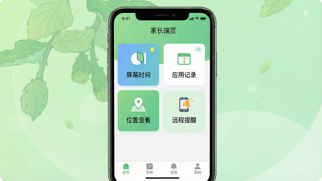 一张展示绿提守护软件主界面的手机屏幕插画,画面中央是手机正视图,屏幕内呈现家长端首页布局,包含顶部状态栏、中部功能卡片区域与底部导航栏,功能卡片上用中文标注“屏幕时间”“应用记录”“位置查看”“远程提醒”,背景为浅绿色渐变,风格清爽简约,细节清晰,画质干净,无多余装饰元素