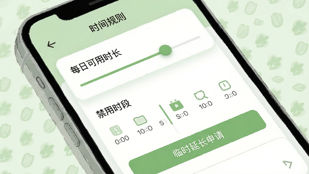 一张展示绿提守护屏幕时间管理界面的手机截图风格插画,手机屏幕内呈现时间规则设置页面,包含“每日可用时长”滑块、“禁用时段”时间轴、“临时延长申请”按钮,界面配色以浅绿和白色为主,排版整齐,风格现代简约,细节清晰,画质干净