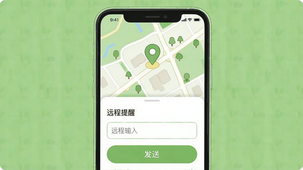 一张展示绿提守护位置查看与远程提醒功能的插画,画面为手机屏幕正视图,屏幕内上半部分是地图区域并带有一个位置标记点,下半部分是“远程提醒”输入框与发送按钮,界面配色为浅绿与白色搭配,风格简洁明快,布局上下分区清晰,细节干净,画质清晰