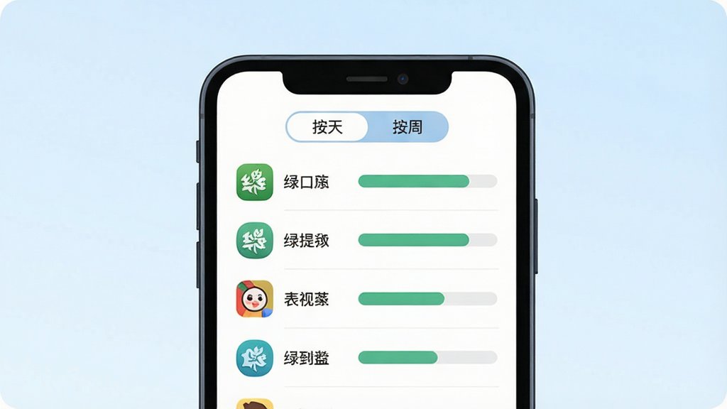 一张表现绿提守护应用使用记录功能的插画,画面中央是一部手机,屏幕内显示应用使用时长排行榜列表,每行包含应用图标、应用名称与横向时长条,顶部有“按天”“按周”切换标签,背景为淡蓝色渐变,风格清爽扁平,布局规整,细节干净,画质清晰