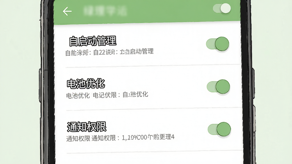 一张展示绿提守护在安卓手机后台权限设置界面的插画,手机屏幕内呈现“自启动管理”“电池优化”“通知权限”三个设置项,每个设置项旁有开关按钮,界面风格为系统设置页样式,配色以白色和浅绿为主,布局纵向排列,细节清晰,画质干净