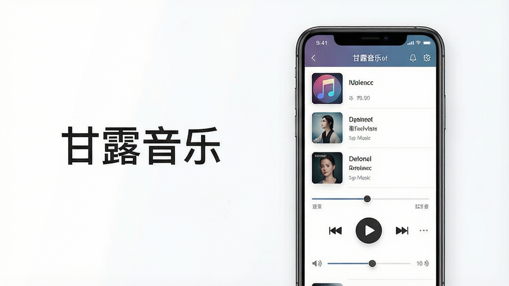 一张展示甘露音乐播放器主界面的产品展示图,主体为居中摆放的智能手机,屏幕内呈现甘露音乐的播放列表与播放控制界面,布局上手机位于画面中央偏右,左侧留白处放置软件名称文字“甘露音乐”,排版简洁清晰,风格为现代科技感扁平化设计,细节包含播放按钮、歌曲封面缩略图、进度条与音量滑块,画质高清,画面干净,无多余元素