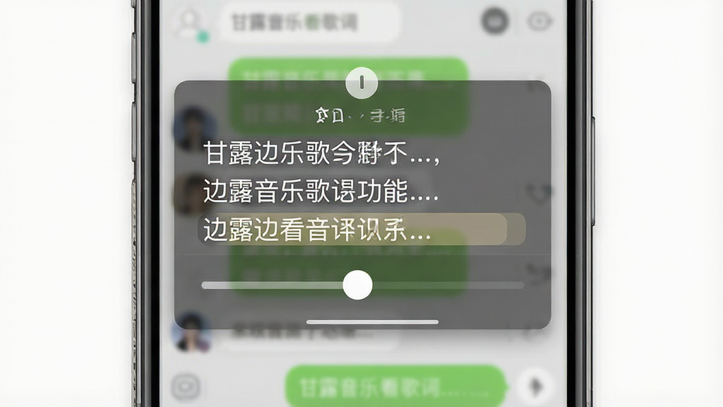 一张展示甘露音乐歌词悬浮功能的示意图,主体为手机屏幕上方叠加半透明歌词悬浮窗,背景为社交聊天界面,布局上悬浮窗位于画面中上部,歌词文字清晰可读,排版体现“边聊边看歌词”的使用场景,风格为真实手机截图风格,细节包含悬浮窗拖动把手、歌词高亮行、透明度调节滑块,画质高清,画面干净,无多余元素