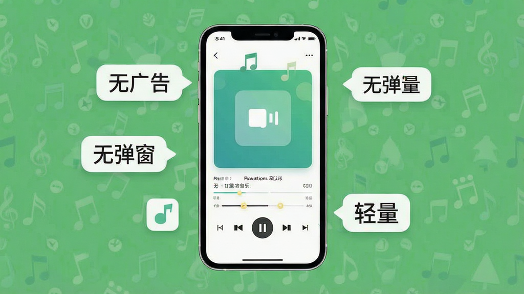一张表现甘露音乐纯净无广告特点的概念图,主体为手机屏幕显示播放界面,屏幕周围有“无广告”“无弹窗”“轻量”字样的标签漂浮,布局上手机居中,标签环绕四周,排版干净利落,风格为简约扁平化设计,细节包含播放界面、标签文字、轻量图标,画质清晰,画面干净,无多余元素