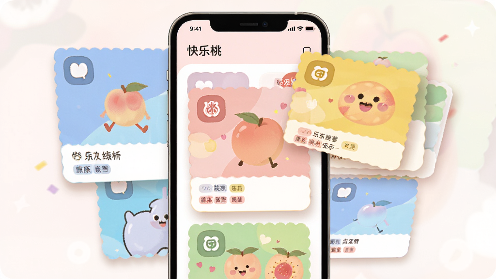 一张表现快乐桃内容聚合界面的场景图,主体是多张彩色内容卡片在手机屏幕上错落排列,布局为手机居中展示、卡片分层悬浮,排版活泼有节奏,风格清新卡通,细节包含卡片图标、分类标签和柔和投影,画质高清干净无多余元素,画面中可出现
