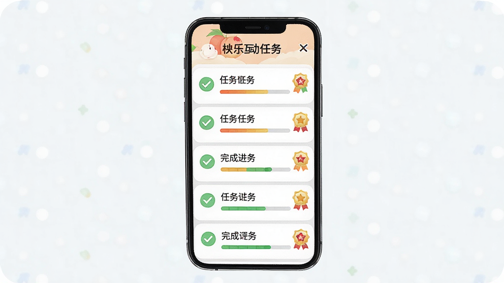 一张展示快乐桃互动任务页面的手机界面图,主体为手机屏幕中的任务列表与完成进度条,布局为居中手机展示、任务条目纵向排列,排版整齐清晰,风格清爽明快,细节包含勾选图标、进度条和奖励徽章,画质高清干净无多余元素