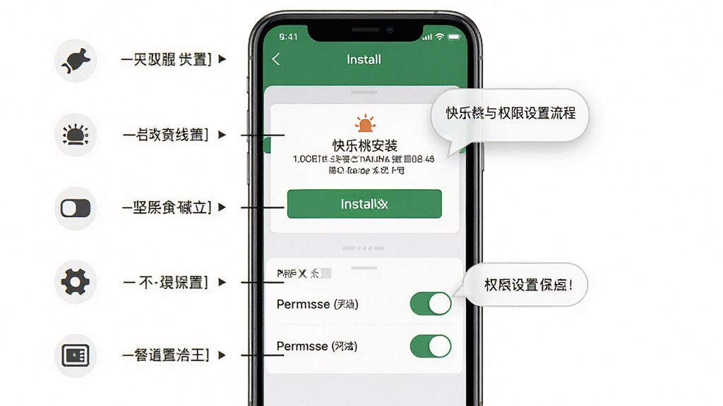一张展示快乐桃安装与权限设置流程的示意图,主体为手机屏幕上的安装提示与权限开关界面,布局为手机居中、步骤图标自上而下排列,排版清晰有序,风格简洁实用,细节包含安装按钮、权限开关和提示气泡,画质高清干净无多余元素