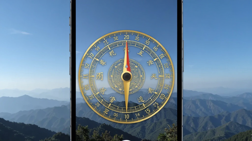 画面主体是一部智能手机,手机屏幕中显示实景相机画面,画面中央叠加着金色的传统风水罗盘刻度盘,罗盘指针清晰指向正北,背景是开阔的户外山景与蓝天,布局为手机居中竖版展示,风格写实科技感,细节包含罗盘刻度数字、方位汉字、实景画面层次分明,画质高清干净无多余元素