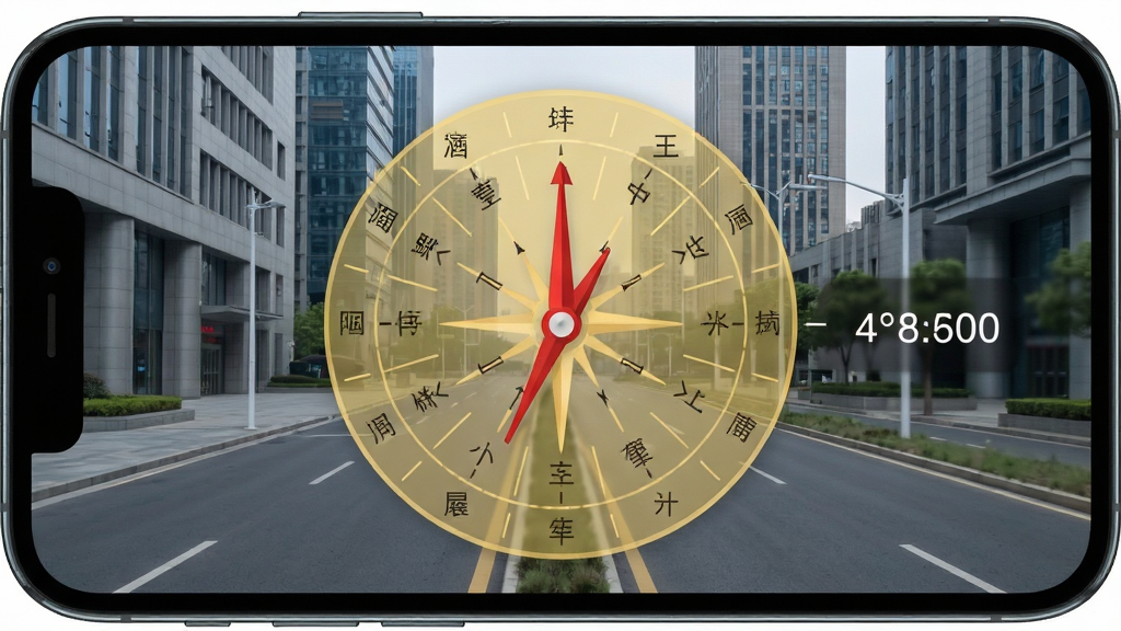 手机横屏拍摄界面,屏幕内实景画面中央叠加半透明金色罗盘盘面,盘面上有二十四山方位汉字与红色指南针指针,画面右侧显示角度数值,背景为城市建筑与道路,风格简洁现代,细节清晰,画质干净高清,无多余装饰元素