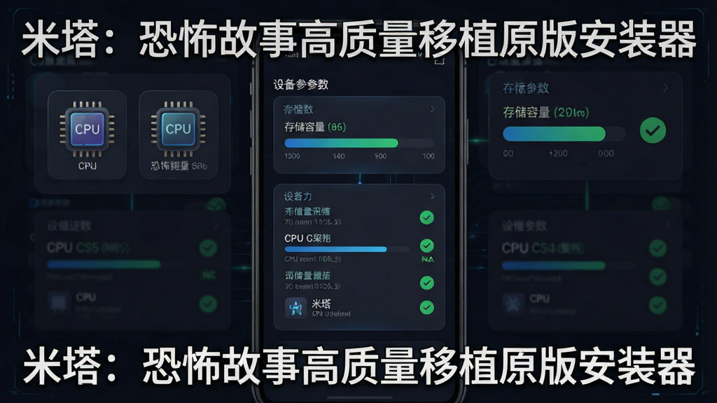 一张表现智能环境适配概念的示意图,主体为手机屏幕中显示系统扫描进度与设备参数列表,布局为居中卡片式排版,风格为科技感暗色界面,细节包含CPU架构图标、存储容量条形图与绿色对勾标记,画质清晰干净,画面中带有“米塔:恐怖故事高质量移植原版安装器”文字,无多余元素