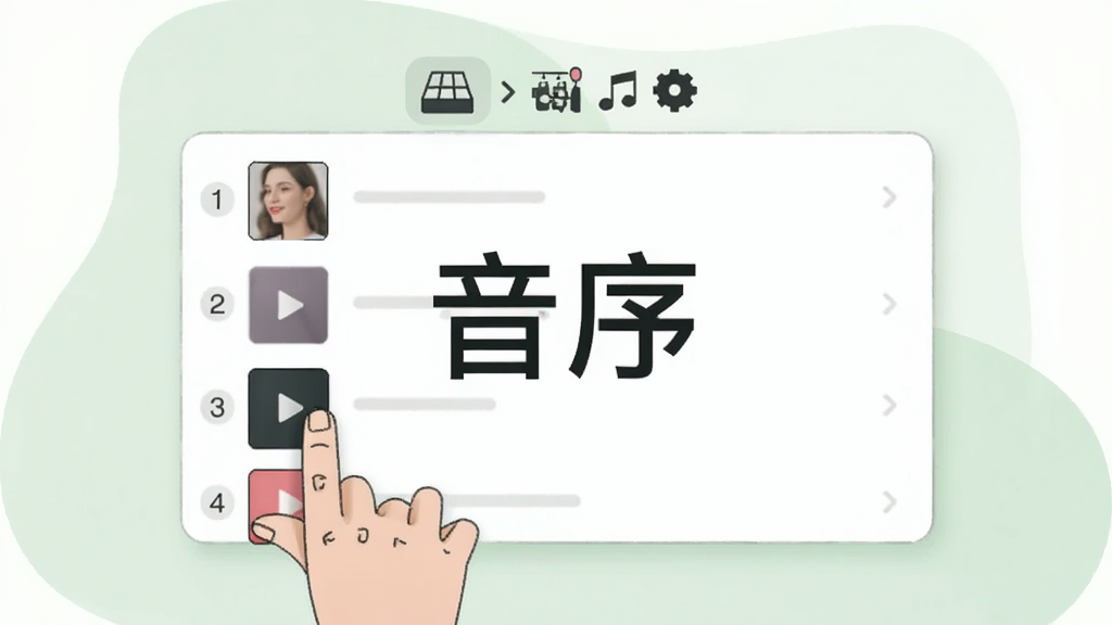 画面主体为一块悬浮的音频列表面板,面板上排列着带有序号的音频条目,一只手正拖动其中一个条目改变顺序,面板上方有排序规则的图标,背景为柔和的浅绿色,插画风格简洁现代,画面中央位置以清晰字体写出