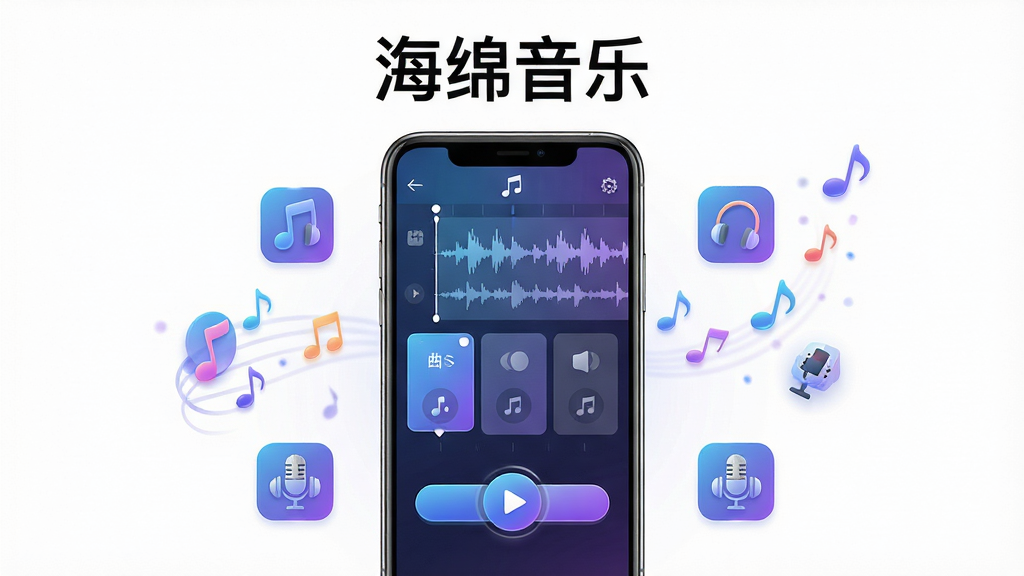 海绵音乐软件主界面全貌展示,画面中央放置一部智能手机,屏幕内呈现音乐创作界面,包含波形轨道、曲风选择卡片与播放按钮,周围环绕音符、耳机、麦克风等音乐元素图标,整体采用蓝紫渐变科技风格,布局为居中构图、上方留白放置软件名称文字