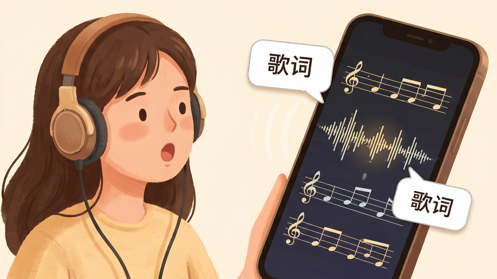 海绵音乐哼唱转旋律与歌词辅助功能场景图,画面展示一位用户戴着耳机对着手机哼唱,手机屏幕内显示声波转换为五线谱的动效,旁边浮现歌词文本框与押韵建议气泡,布局为人物在左、手机屏幕在右的斜向构图,风格为温暖插画风,细节包括耳机线缆、声波纹理、乐谱线条、气泡内文字