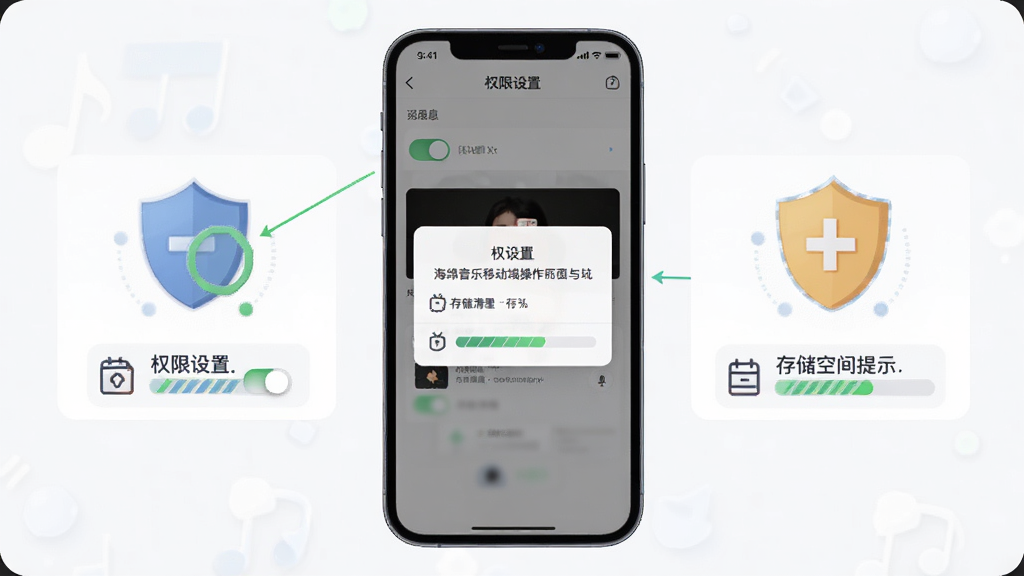 海绵音乐移动端操作界面与避坑提示示意图,画面展示手机屏幕内创作页面与权限弹窗,旁边配有盾牌图标与存储空间提示条,布局为手机居中、提示元素分布在两侧,风格为简洁信息图风格,细节包括权限开关按钮、缓存清理图标、存储容量进度条,画质清晰,画面干净,文字标注
