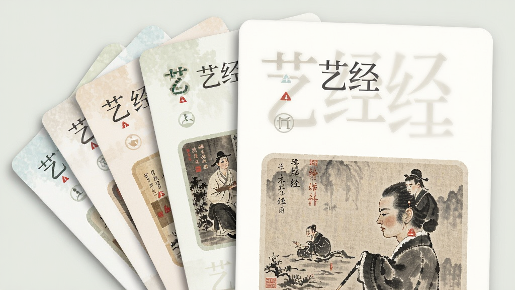 画面主体为多张艺术卡片呈扇形展开,布局为左侧三张卡片叠放、右侧一张大卡片突出展示,卡片上印有“艺经”字样与书画缩略图,排版错落有致,风格为扁平化清新设计,细节包含柔和投影、淡雅配色、简洁图标,画质高清干净无多余元素