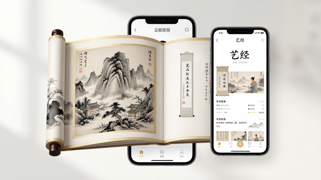 画面主体为一本展开的古风艺术画册悬浮在手机屏幕上方,布局为居中构图,左侧是卷轴样式的书画作品,右侧是手机界面展示“艺经”应用首页,排版疏朗留白充足,风格为清新国风与现代UI结合,细节包含水墨纹理、淡金色边框、柔和光影,画质高清干净无多余元素