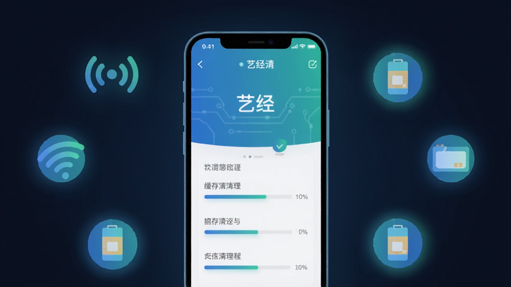 画面主体为手机屏幕显示“艺经”应用运行状态与缓存清理界面,布局为手机居中、周围环绕网络信号与存储图标,排版对称简洁,风格为科技感扁平插画,细节包含蓝绿色调、清晰进度条、柔和光晕,画质高清干净无多余元素