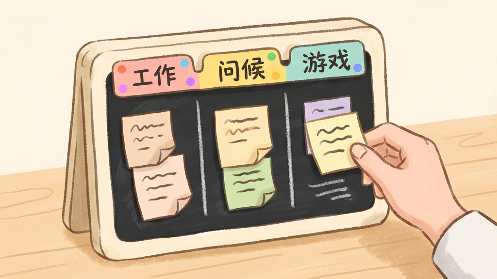 画面展示一块立体的浅色小黑板立在桌面上,黑板被划分为三个彩色标签页区域分别标注“工作”“问候”“游戏”,每个区域内贴着几张便签纸样式的文字卡片,黑板旁边有一只手正在将一张新便签贴上去,风格为温暖的手绘插画风,布局为黑板居中手在右侧,细节包括便签纸的折角、标签页的彩色圆点、粉笔字迹的纹理,画质柔和干净,背景为浅木色桌面,无多余装饰