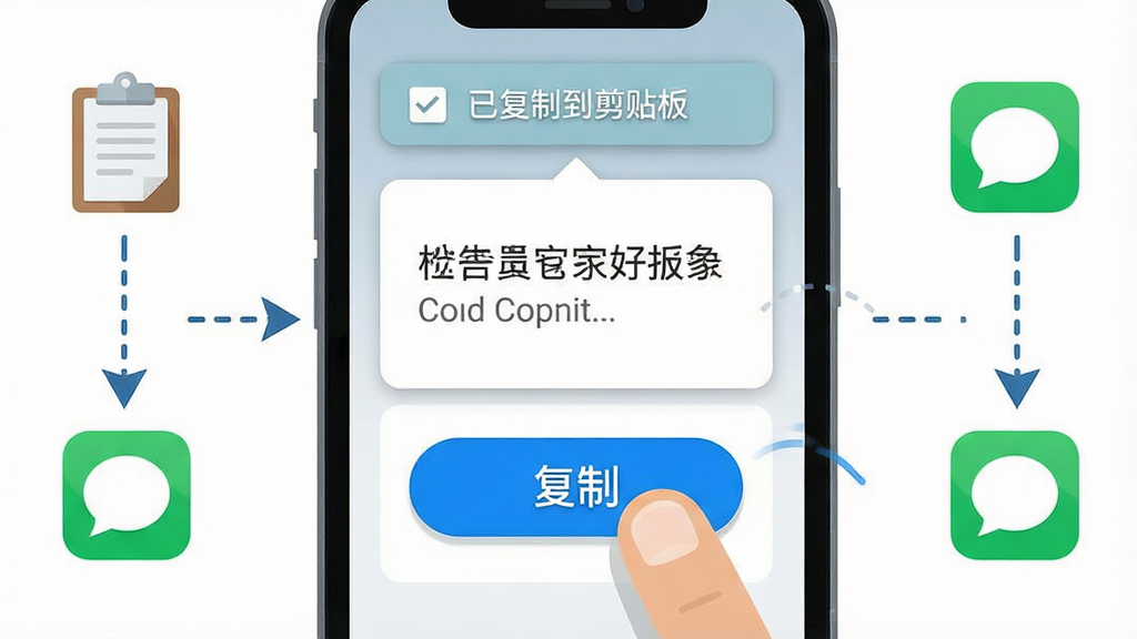 一部手机屏幕特写,屏幕中央显示一条文字卡片,卡片下方有一个醒目的蓝色“复制”按钮被手指点击,复制成功后屏幕顶部弹出“已复制到剪贴板”的提示条,手机旁边有一个剪贴板图标和聊天应用图标之间用虚线箭头连接,风格为扁平化UI示意图,布局为手机居中图标分列两侧,细节包括按钮的按压效果、提示条的圆角、箭头的流动感,画质清晰锐利,背景为白色,无多余元素