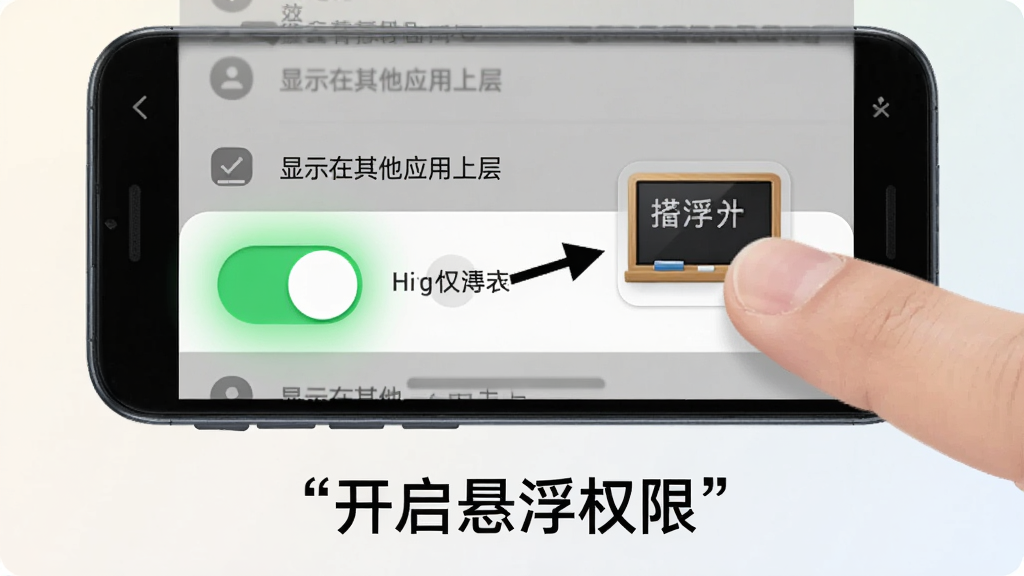 一部安卓手机屏幕展示权限设置页面,页面中“显示在其他应用上层”开关被手指点亮为绿色,旁边有箭头指向一个悬浮小黑板图标表示权限生效,手机下方有一行提示文字“开启悬浮权限”用引号标注,风格为简洁的操作引导图,布局为手机居中手指在右侧点击,细节包括开关的高亮光晕、权限列表的灰色背景、图标的圆角,画质清晰干净,背景为浅色渐变,无多余元素