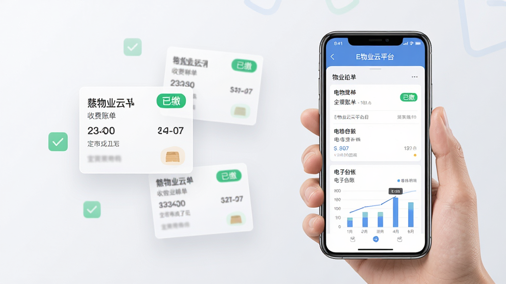 画面主体为一只手握持手机,屏幕显示E物业云平台收费账单列表与电子台账图表,布局上手机位于画面右侧三分之二处,左侧留白处漂浮半透明的账单卡片与勾选图标,风格为现代商务扁平风,细节上账单卡片带有绿色“已缴”标签,背景为浅灰白渐变,画质干净清晰,图片中文字为“E物业云平台”