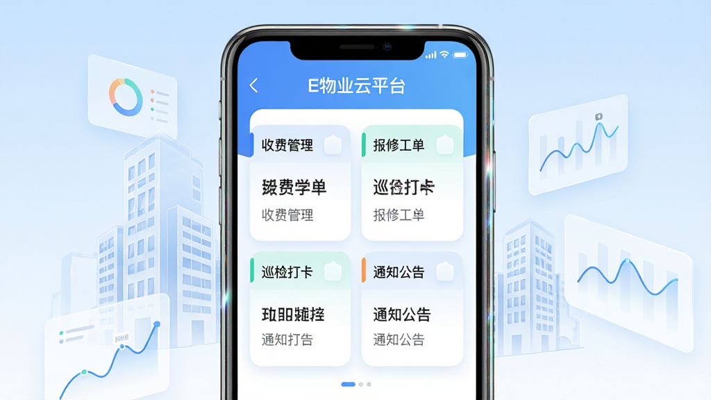 画面主体为一部竖屏智能手机,屏幕内展示E物业云平台移动端首页界面,包含收费管理、报修工单、巡检打卡、通知公告四个卡片模块,布局居中对称,手机两侧漂浮半透明楼宇轮廓与数据折线图标,风格为清爽科技商务风,细节上手机边框带有轻微高光,背景为浅蓝到白的渐变,画质清晰干净,无多余元素,图片中文字为“E物业云平台”