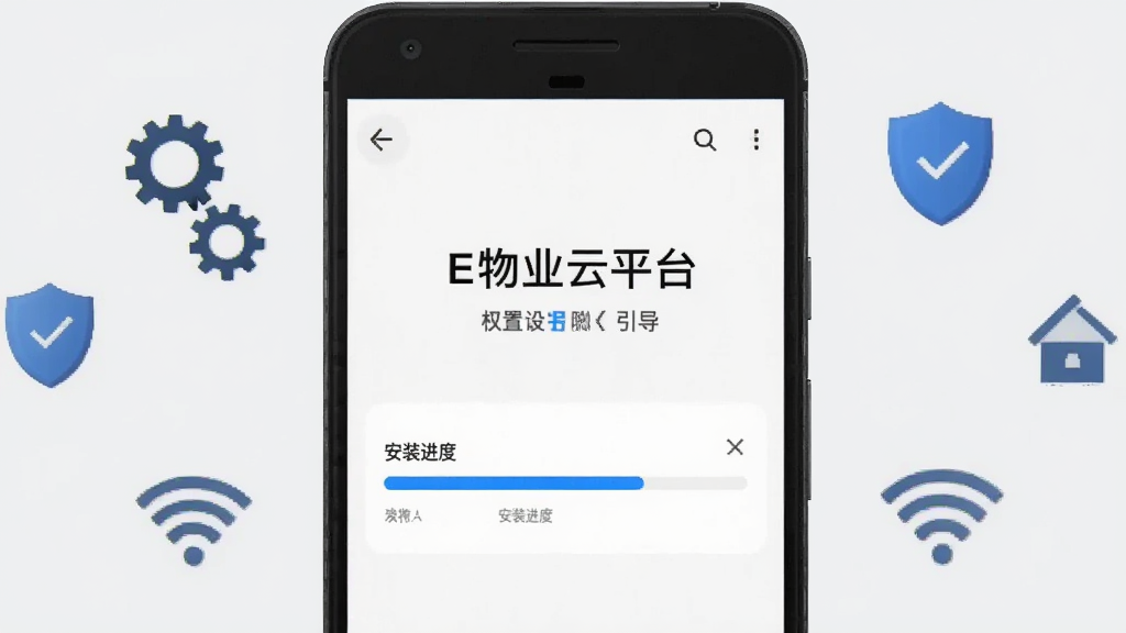 画面主体为一部安卓手机屏幕特写,显示E物业云平台权限设置引导页与安装进度条,布局上手机居中,周围环绕齿轮、盾牌与Wi-Fi信号小图标,风格为简洁说明风,细节上进度条为蓝色,背景为浅灰纯色,画质清晰干净,图片中文字为“E物业云平台”
