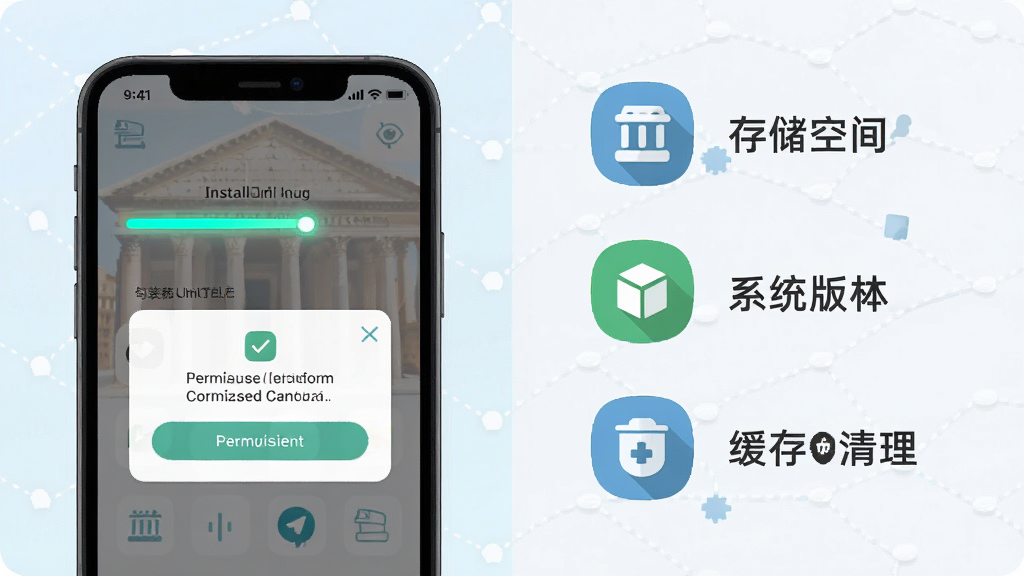 万神殿安装与使用场景示意,画面展示一部手机正在安装应用,屏幕显示安装进度与权限确认弹窗,旁边以简洁图标表示存储空间、系统版本与缓存清理,布局左右分区,风格扁平清新,细节包括进度条光效、权限图标与浅色背景,画质清晰,干净无多余元素