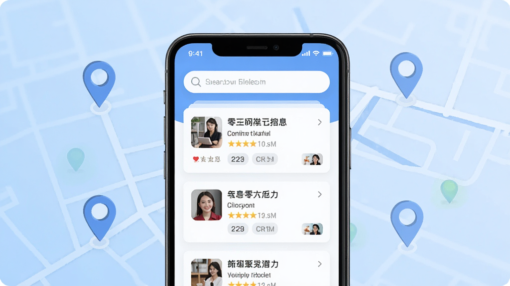 手机应用界面展示图,画面中央是一部智能手机,屏幕显示附近招零工软件的主页,页面顶部有搜索栏,下方列表展示多条零工招聘信息卡片,背景为浅蓝色渐变,周围点缀定位图标和地图线条元素,风格简洁现代,画质清晰干净,无多余装饰元素