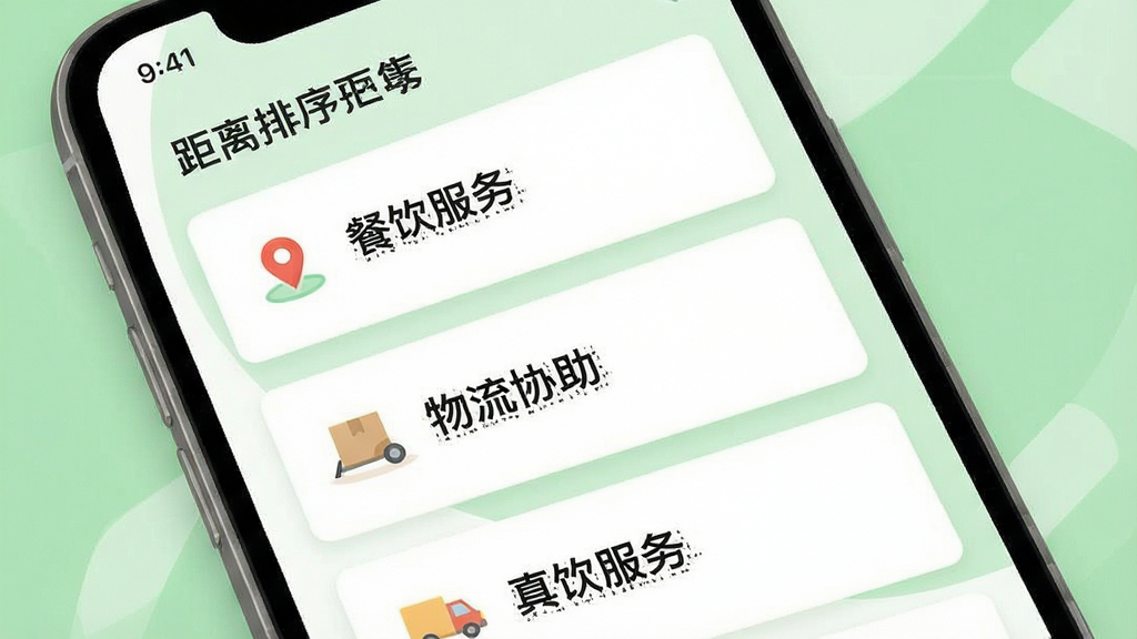 一张信息列表界面示意图,画面中手机屏幕显示按距离排序的零工岗位卡片列表,每条卡片左侧有定位小图标,右侧显示工作类型文字如餐饮服务、物流协助等,背景为白色与浅绿色搭配,整体排版整齐清爽,风格扁平化设计,画质干净清晰