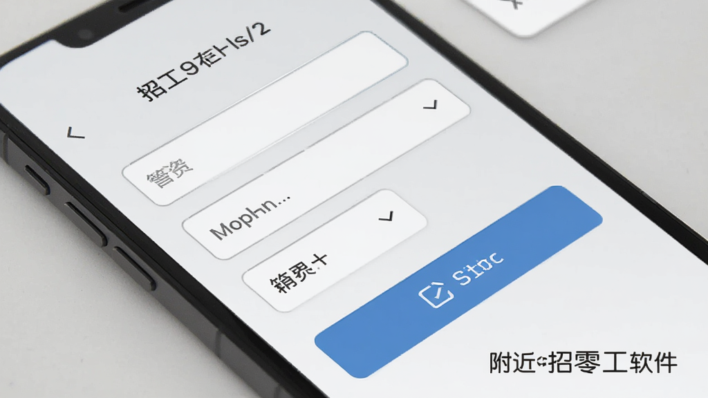手机屏幕展示招工信息发布页面,界面中有几个简洁的输入框和下拉选项,旁边有发布按钮,背景为浅灰色,画面一角有附近招零工软件名称字样,风格简约商务,画质清晰无杂乱元素