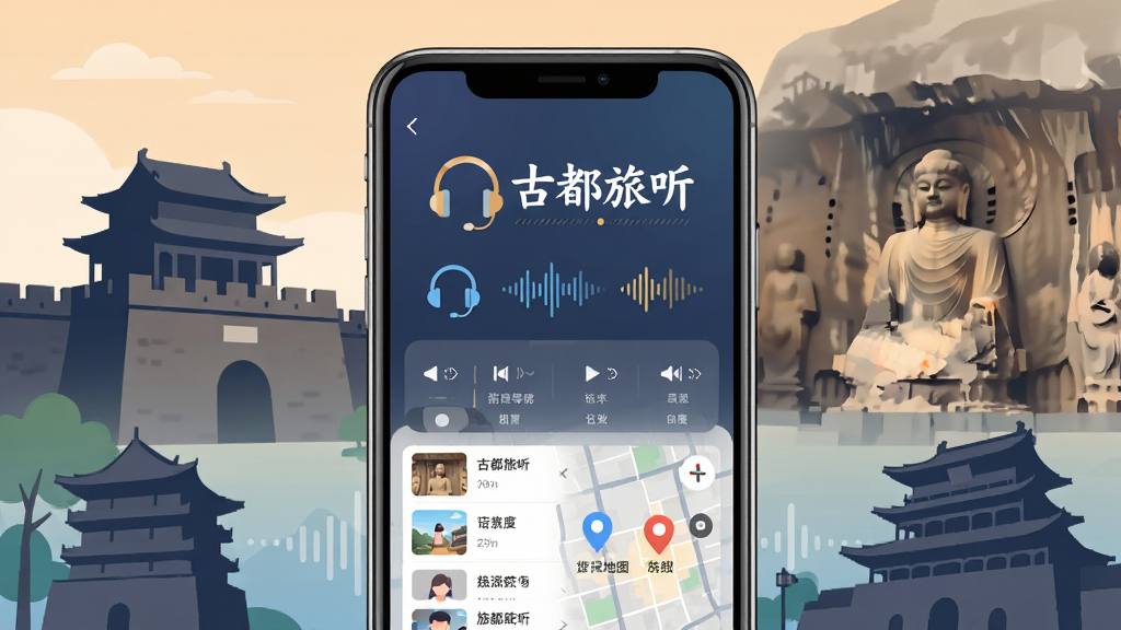 画面主体为一款名为古都旅听的手机应用界面展示,居中布局,上方为古都旅听标志与名称,下方展示语音导览播放列表与地图定位界面,背景为西安城墙与洛阳龙门石窟的剪影叠加,风格为现代科技与古典文化融合的扁平化插画,细节包含耳机图标、声波纹理、古建筑轮廓,画质清晰干净,无多余元素