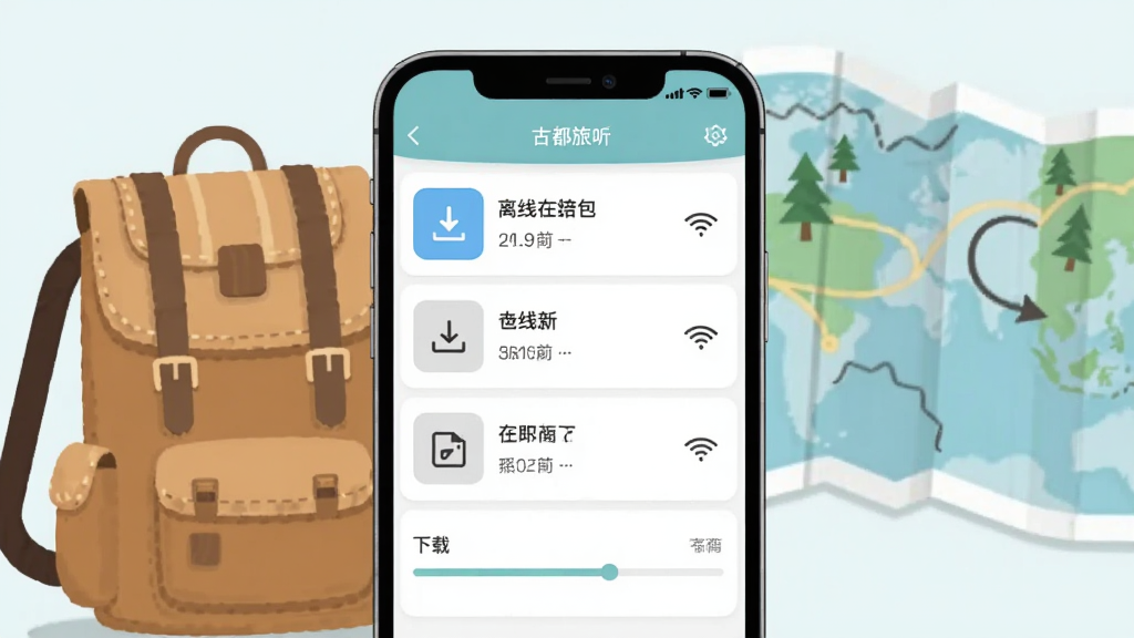 古都旅听离线语音包下载管理界面展示图,画面主体为手机应用内的离线包列表与下载进度条,布局为手机居中、背景为旅行背包与地图元素,风格为简约实用插画,细节包含下载箭头、存储空间图标、WiFi符号,画质清晰干净,无多余元素