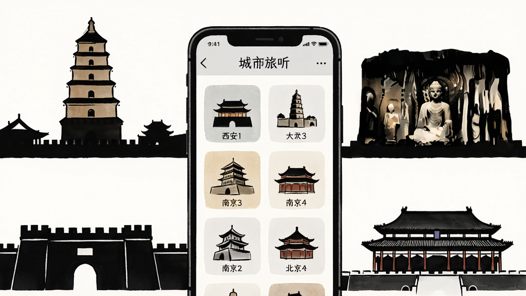 古都旅听多城市古都内容覆盖展示图,画面主体为手机屏幕显示城市选择列表与各古都地标建筑图标,布局为手机居中、周围环绕不同古都的标志性建筑剪影,风格为文化手绘插画,细节包含西安大雁塔、洛阳龙门石窟、南京城墙、北京故宫轮廓,画质清晰干净,无多余元素