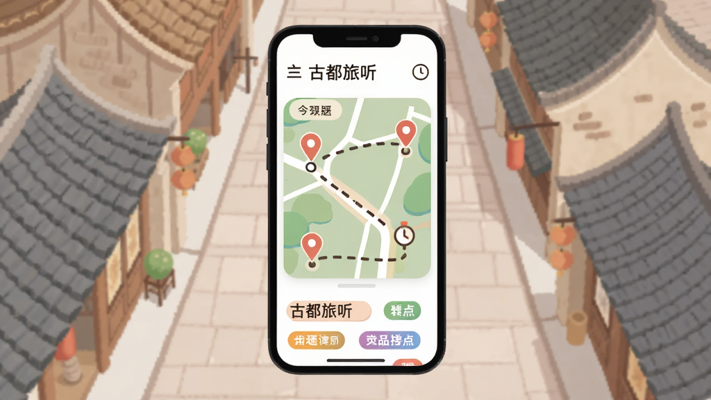 古都旅听个性化游览路线推荐界面展示图,画面主体为手机屏幕显示路线地图与主题标签,布局为手机居中、背景为古都街巷俯视图,风格为柔和圆角扁平插画,细节包含路线虚线、景点标记点、时间图标,画质清晰干净,无多余元素