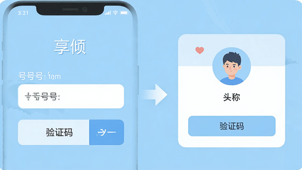 手机界面展示“享倾”注册流程,画面左侧为手机号输入框与验证码按钮,右侧为昵称头像设置卡片,中间有箭头引导,浅蓝色调,扁平化插画风格,布局清晰,画质干净,无多余元素