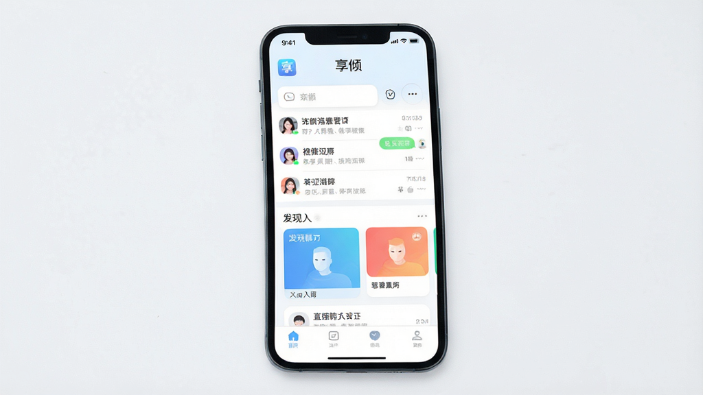 手机屏幕中央展示“享倾”应用主界面,清爽浅色背景,顶部显示软件名称“享倾”,中部为聊天列表与发现入口卡片式布局,底部导航栏清晰,整体风格简洁现代,扁平化UI设计,细节干净,画质清晰,无多余元素