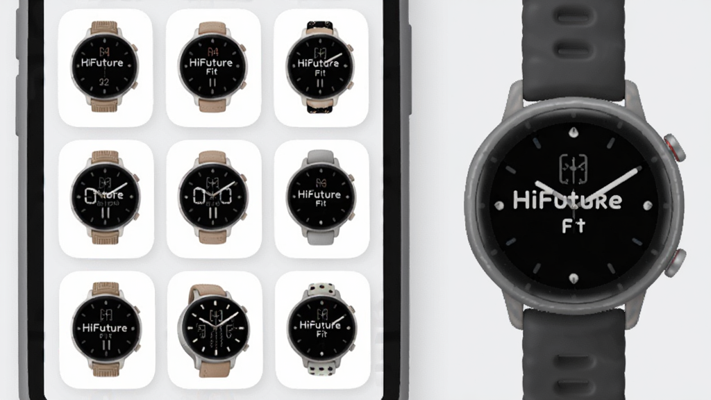 一张 HiFuture Fit 表盘管理界面示意图,画面中手机屏幕显示多款表盘缩略图网格,旁边放置一块显示表盘的 HiFuture 手表,采用柔和圆角卡片布局,浅灰背景,风格清新素雅,画质清晰,无多余元素