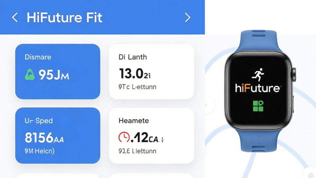一张 HiFuture Fit 应用运动记录页面示意图,画面展示跑步运动数据卡片,包含距离、时长、配速与热量数值,旁边有 HiFuture 手表元素点缀,采用清爽蓝白配色,布局为上下分栏,风格现代简洁,画质清晰,无多余元素