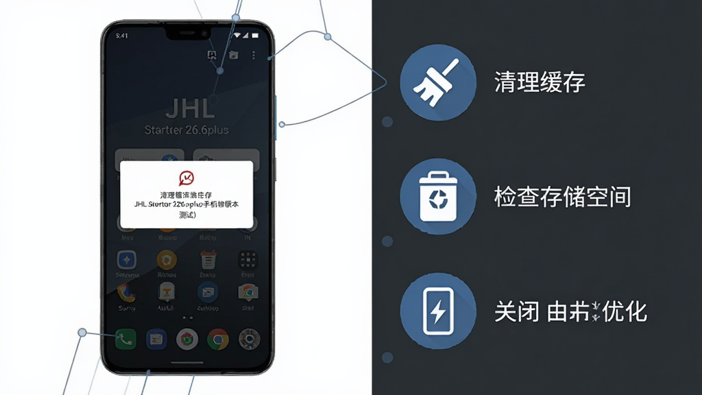 一张信息图风格的插图,画面左侧是一部手机显示JHL启动器26.6plus手机移植版本(测试)的报错弹窗,右侧列出三个排查步骤图标,分别是清理缓存、检查存储空间、关闭电池优化,整体布局清晰,风格简洁商务,细节明确,画质高清,干净无多余元素