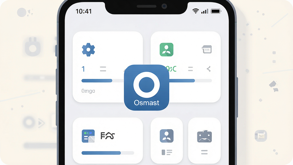一张展示安卓手机主界面的插画,画面中央是简洁的工具类应用「Osmart」图标与主界面布局,主体为手机屏幕特写,布局采用居中构图,排版清晰展示功能卡片与状态栏,风格为现代扁平化科技风,细节包含浅色背景、圆角卡片、进度条与图标元素,画质高清干净无多余元素