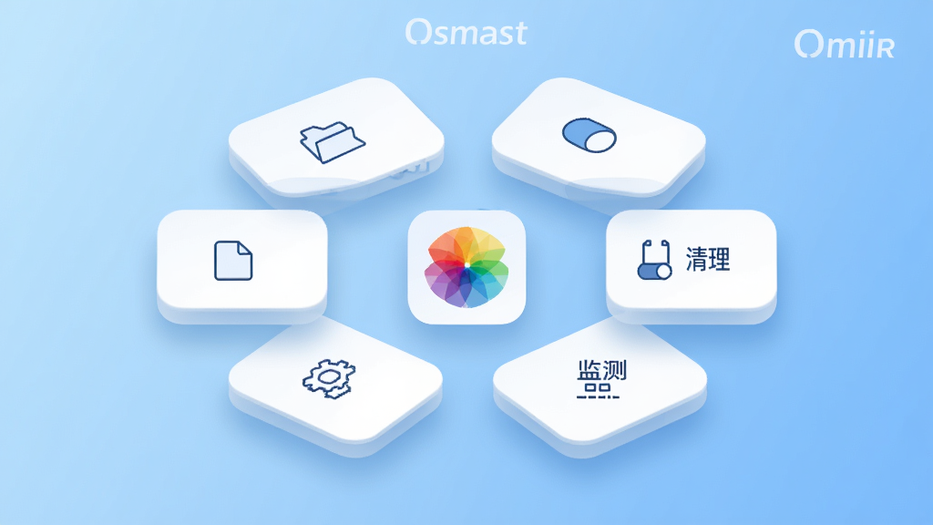 一张表现「Osmart」多功能集成面板的科技插画,主体为悬浮的圆角功能卡片群,布局呈环形围绕中心软件图标,排版突出文件、开关、清理、监测四类模块,风格为清爽扁平化设计,细节包含浅蓝渐变背景、细线条图标、柔和投影,画质高清干净无多余元素