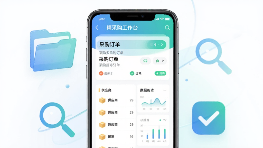 画面主体为一部竖屏智能手机,手机屏幕上显示精采多多应用的采购工作台界面,界面中包含采购订单卡片、供应商列表与数据统计小图表,手机两侧悬浮着半透明的文件夹、放大镜与对勾图标,布局为手机居中、周围元素环绕式分布,排版简洁留白充足,风格为现代扁平化商务插画,细节上手机边框带有轻微高光、图标使用蓝绿渐变配色、背景为浅灰到白色的柔和过渡,画质为高清矢量质感、画面干净无多余元素,图中出现文字“精采多多”