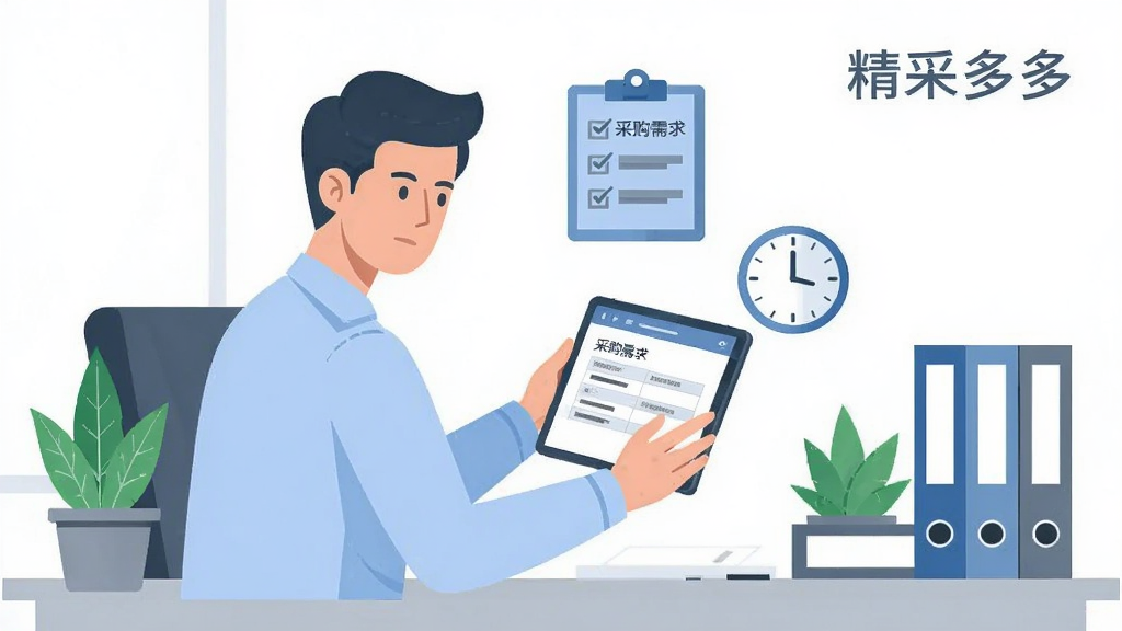 画面主体为一名穿着浅蓝色衬衫的采购人员坐在办公桌前,手中操作平板电脑,平板屏幕上显示采购需求填写表单,表单旁有浮动的清单与时钟图标,布局为人物偏左、桌面元素偏右的三角构图,排版层次分明,风格为简约扁平商务插画,细节上桌面放置绿植与文件夹、人物表情专注、配色以蓝白灰为主,画质清晰干净、无多余装饰元素,图中出现文字“精采多多”