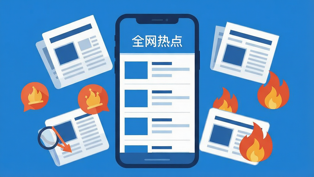 画面中央放置一部智能手机,手机屏幕上显示资讯聚合列表界面,顶部有“全网热点”字样,周围环绕报纸、新闻图标、热搜火焰符号等元素,整体采用扁平化插画风格,配色以蓝白为主,布局简洁居中,细节清晰,画质干净,无多余元素