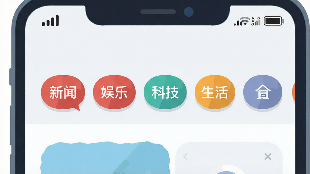 一部手机屏幕显示资讯分类标签栏,标签包括新闻、娱乐、科技、生活等,界面清爽,背景为浅灰白色,周围有信号与流量图标点缀,扁平插画风格,布局居中,画质干净清晰