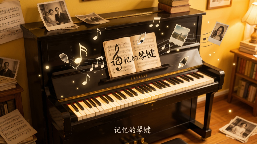 画面中央一架立式钢琴,琴键上方漂浮着发光的音符与记忆碎片,背景是温暖的暖黄色调书房,布局上钢琴占据画面主体,四周散落乐谱与老照片,风格为治愈系插画,细节包括琴键微光、漂浮光点与木质地板纹理,画质清晰干净,画面中带有文字“记忆的琴键”,无多余元素